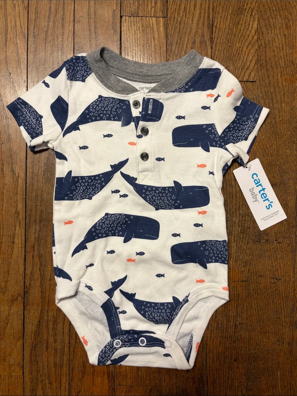 Carter's Gray Striped Hooded Romper & White Navy Whale Bodysuit Set